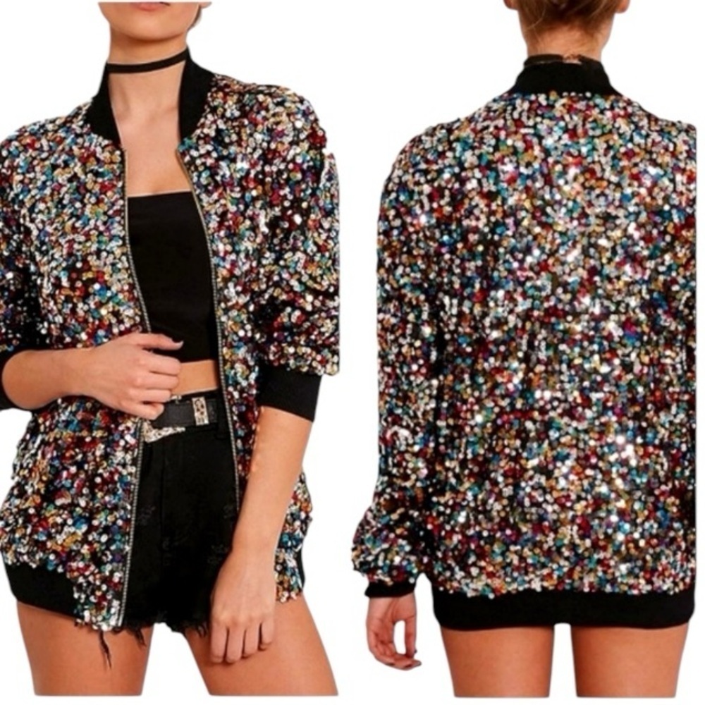 CRESAY Multi Colored Sequined Bomber Jacket